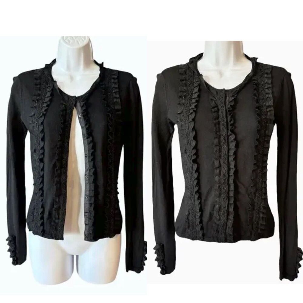 Vintage 90s Y2K Long Sleeve Knit Top Size M Beaded Ruffle Snap Front Cardigan